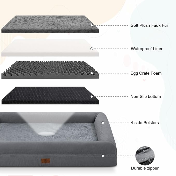 XL Orthopedic Waterprood Dog Bed for Extra Large Size Dogs | 360 Degree Bolster Support, Egg Crate Foam, Waterproof Liner, Non-Slip Bottom, Machine Washable Cover, 45 x 35 Inch - Image 5