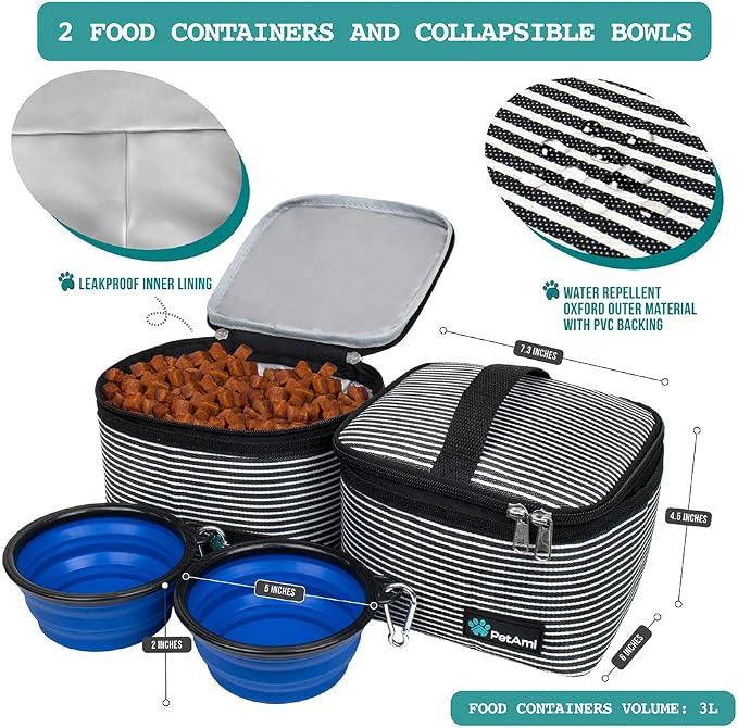 PetAmi Dog Travel Bag Organizer, Pet Travel Kit with 2 Food Containers & 2 Collapsible Dog Bowls, Pet Supplies Tote with Luggage Sleeve, Weekend Road Trip Camping Essentials, Stripe Black, Medium - Image 3