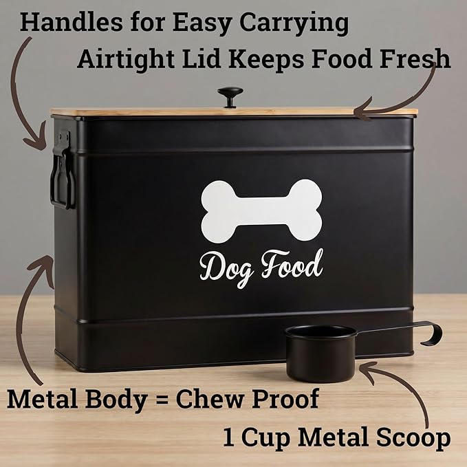 Metal Dog Food Container 15-20 lbs w/ Airtight Bamboo Lid, 70 Cup Capacity | Pet Jar For Dogs up to 100lbs, Airtight Bamboo Lid, Sturdy Comfortable Metal Handle, Powder Coated Iron, Kibble Storage Bin - Image 2