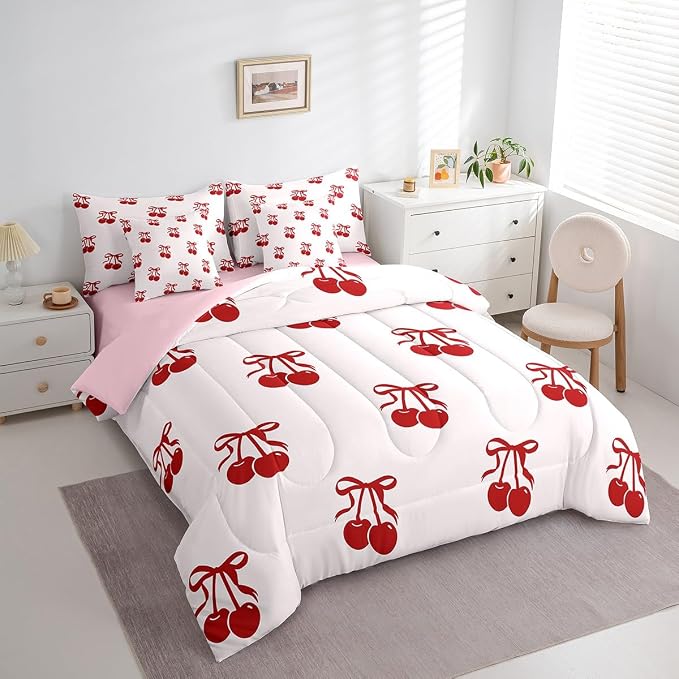 Erosebridal 7 Piece Cherry Bows Kids Comforter Set Twin Bed in a Bag,Dreamy Princess Style Bedding Set for Girls Women,Girly Red Cherries Bowknot Sheet Set,Cartoon Bow Tie Duvet Insert - Image 3