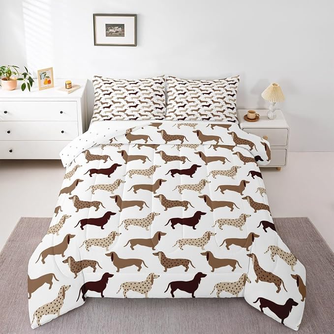Feelyou Cartoon Dog Print Comforter,Puppy Animal Bedding Bed Set,Cute Dachshund Kawaii Comforter Set for Teens Kids Boys Girls Adults Decor,Brown Quilt Collection 3Pcs Queen Size Boys - Image 4
