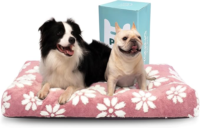 Cute Fluffy Dog Beds for Extra Large Dogs, 41"x 28", Pink Flower | Thick Dog Bed for Crate Kennel, Pet Bed with Removable Washable Cover, Anti-Slip Bottom by Yaning