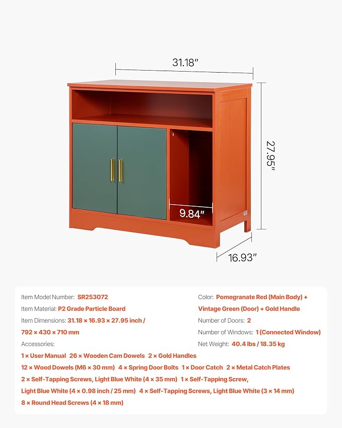 VEVOR Cat Litter Box Enclosure, 31 in Hidden Litter Box Cabinet with Shelf & Storage, Modern Style Indoor Cat Washroom, Wooden Kitty House Furniture End Table, Fit Most Litterboxes, Red & Green - Image 7