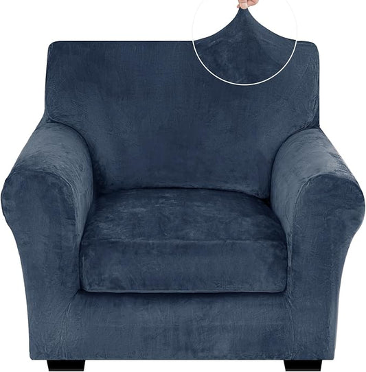 XINEAGE 2-Piece Velvet Armchair Sofa Cover, Couch Covers for Dog,Navy Blue | 1 Cushion Chair,Stretch Non-slip Elastic, Pet-friendly, Washable, Fast Setup, Soft Plush Fabric, Furniture Protector. by XINEAGE