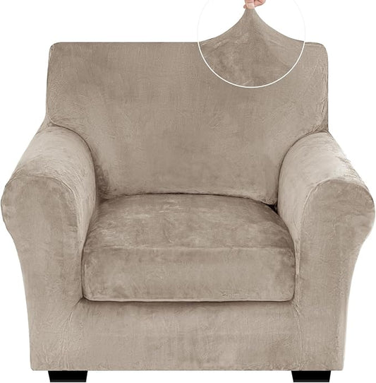 XINEAGE 2-Piece Velvet Armchair Sofa Cover, Couch Covers for Dog,Khaki | 1 Cushion Chair,Stretch Non-slip Elastic, Pet-friendly, Washable, Fast Setup, Soft Plush Fabric, Furniture Protector. by XINEAGE