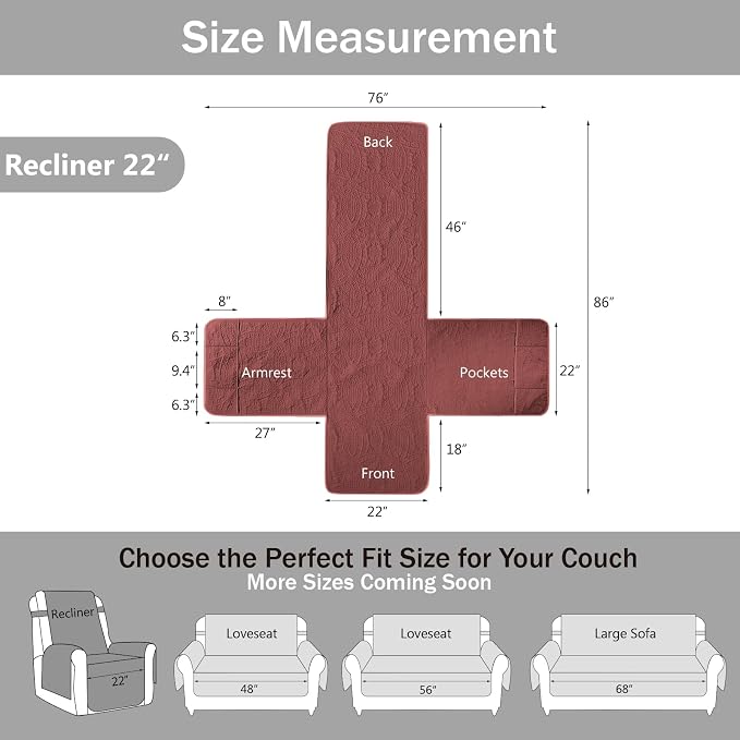 Red Quilted Recliner Chair Covers, Waterproof Recliner Chair Covers, Lazy Boy Chair Covers, Pet Friendly Recliner Slipcover for Dogs Cats, Washable Furniture Protector (Recliner 22", Red) - Image 7