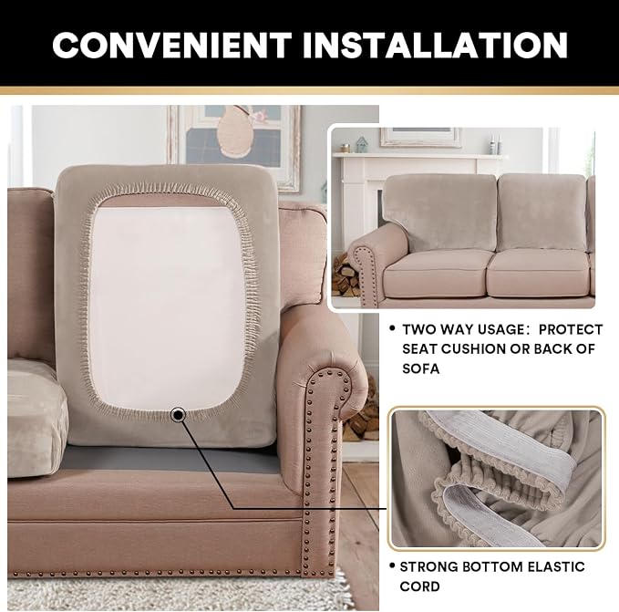 PrinceDeco Velvet Stretch Couch Cushion Cover, Sofa Slip Covers for 3 Seat Cushion Couch Chair Loveseat Sofa Cushion Furniture Protector Cushion Sofa Cover Each Width Up to 29.5", Oatmeal - Image 6