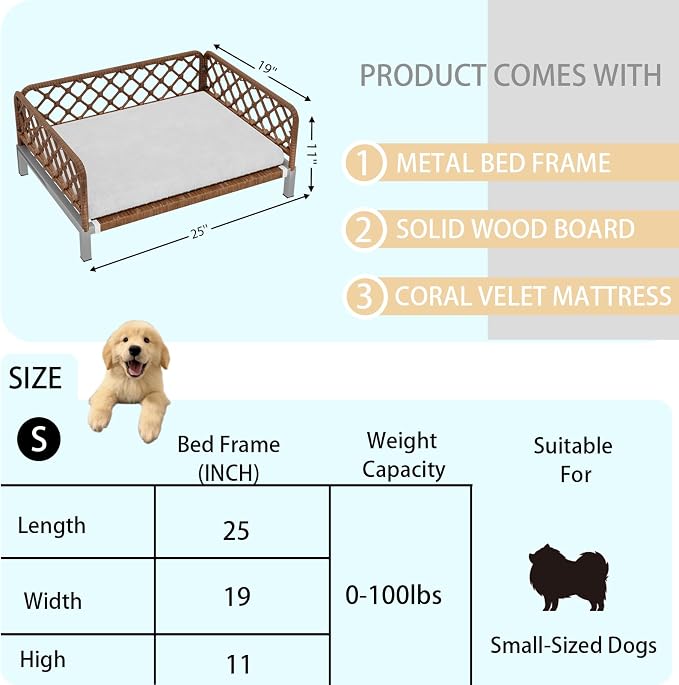 Dog Bed with Egg Crate Foam Support, Brown PE Wicker Orthopedic Pet Couch Bed with Washable Removable White Cushion, Outdoor Dog Sofa Bed for Medium, Small Dogs - Image 2