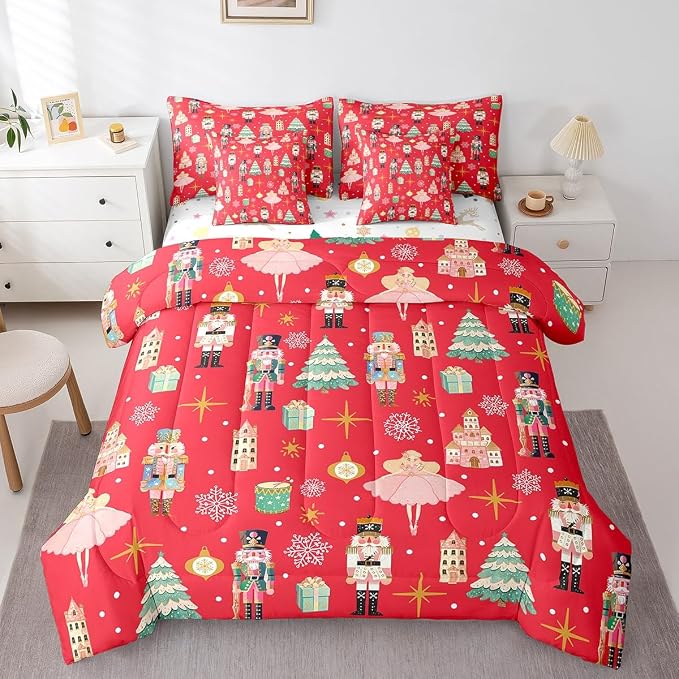 Erosebridal 7Pcs Red Christmas Comforter Set Twin Size,Christmas Nutcracker Bedding Set,Girly Dreamy Princess Bed in A Bag,Xmas Pine Tree Snowflake Quilt with Flat Fitted Sheet,Red by Erosebridal