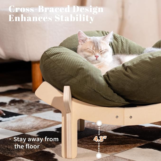 CHEERHOME PETS Elevated Cat Bed Wooden with Cushion Fluffy Pet Couch Sofa for Indoor Cats Raised Kitty Lounge Chair Suitable for Puppy, Cat Furniture(Green) - Image 2