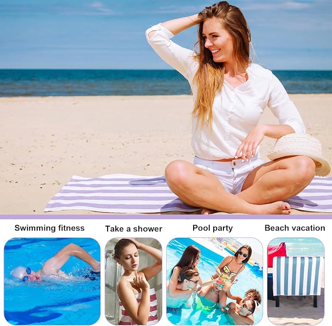 EBOOT 10 Pack Oversized Beach Towel Set Extra Large Pool Towels Microfiber Quick Dry Swim Blanket for Adult Women Men Face Hand Body Bath Travel Pool(Pastel Color,28 x 59 Inch,Cabana Stripe) - Image 6