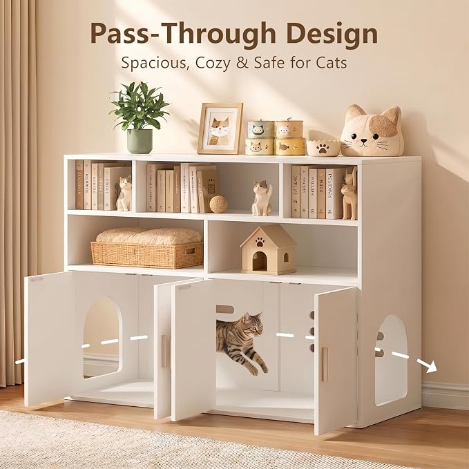 Amunrbrek Double Litter Box Enclosure, Hidden Cabinet with Storage, White | Pass-Through Design Makes Cats Feel Safe - Image 5