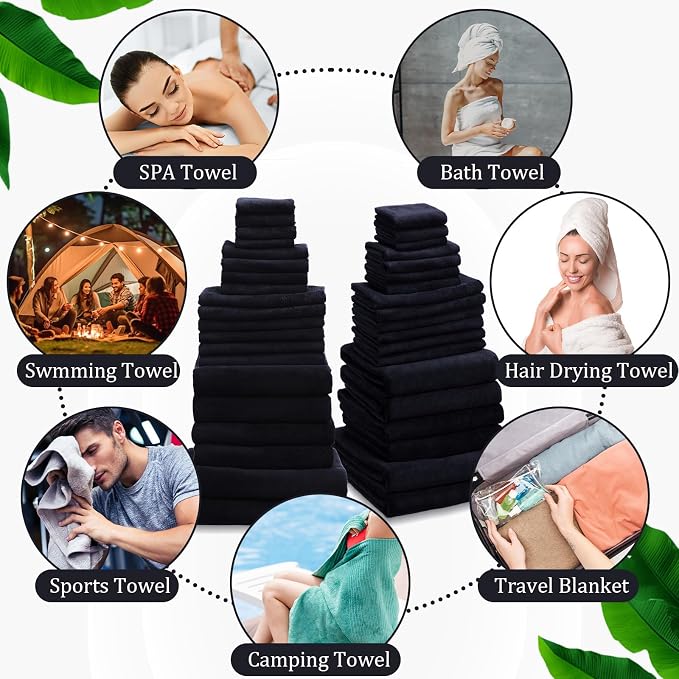 Mixweer 24 Piece Black Microfiber Absorbent Towel Set: 2 Oversized Bath Sheets, 4 Bath Towels, 6 Hand, 8 Washcloths, 4 Fingertip for Bathroom Spa Gym Camping Beach - Image 7