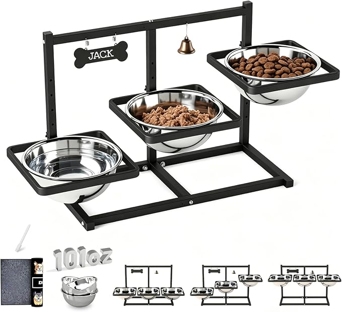 SHAINFUN Elevated Dog Bowls Stand for Large/Extra Large Dogs with Mat, 6 Height Adjustable Raised Dog Bowl, Three 101oz Food Water Bowls by SHAINFUN