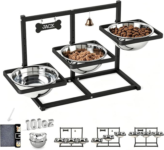 SHAINFUN Elevated Dog Bowls Stand for Large/Extra Large Dogs with Mat, 6 Height Adjustable Raised Dog Bowl, Three 101oz Food Water Bowls by SHAINFUN