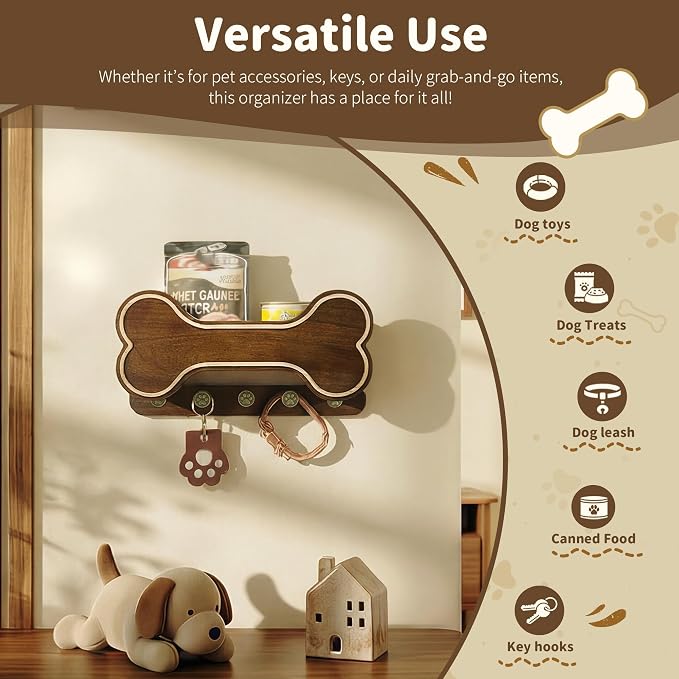 MTERSN Decorative Dog Leash Holder for Wall - Bone Shape Key Holder Wall Mount with 5 Cute 3D Doggie Paw Key Hooks & Floating Shelf to Organize Dog Stuff - Wall Decor Living Room for Pet (Dark Acacia) - Image 3