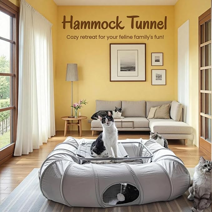 XxingSheep 2-Tier Cat Tunnel & Hammock Bed XXL, 4 Cave Shuttle with Elevated for Multiple Cats Toy Light Grey - Image 2