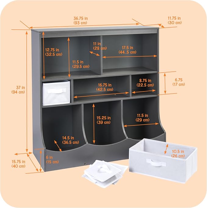 Badger Basket Combo Toy Storage Organizer and Bookshelf - Kids Storage Unit with 3 Removable Baskets, Open Shelves, Top Display Surface - Charcoal - Image 4