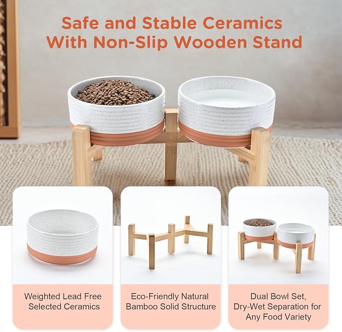 SPUNKYJUNKY Elevated Dog Bowls Ceramic, 6.1'' Dogs and Cat Food Water Bowls Raised with Non-Slip Bamboo Stand for Medium Sized Breed Microwave Dishwasher Safe - 28.7 OZ,Pattern White - Image 6