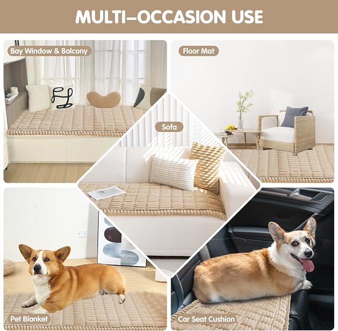 STACYPIK Geometric Striped Sofa Cover Non-Slip Fuzzy Pets Couch Cover for 2 Cushion Couch, Washable Khaki Couch Cover for Dogs, Jacquard Warm Corduroy Bed Mat Cover-23.6x59.1IN - Image 3