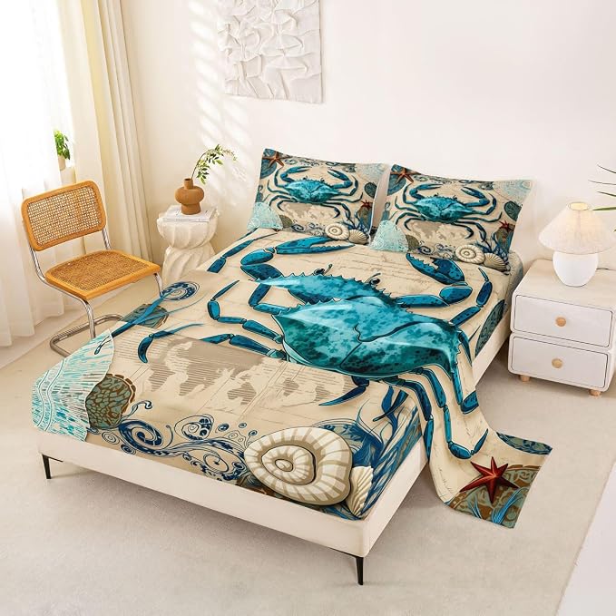 Beach Theme Bedding Set Kids Beach Crabs Print Twin 3 Piece Sheet Set 3D Crab Luxury Microfiber Bed Sheets Set (1 Fitted Sheet, 1 Flat Sheet, 1 Pillowcase)Soft Cute Marine Life Decorative Bedding by Erosebridal