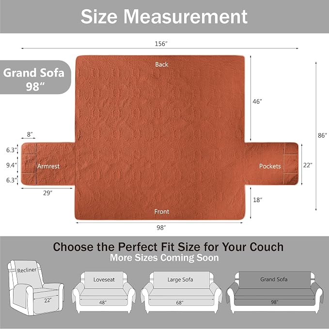 Quilted Grand Sofa Covers for 4 Cushion Couch, Couch Cover for Grand Sofa Washable, Soft Cozy Couch Protector, Oversized Grand Sofa Slipcovers Water-Repellent (Grand Sofa 98", Burnt Orange) - Image 6