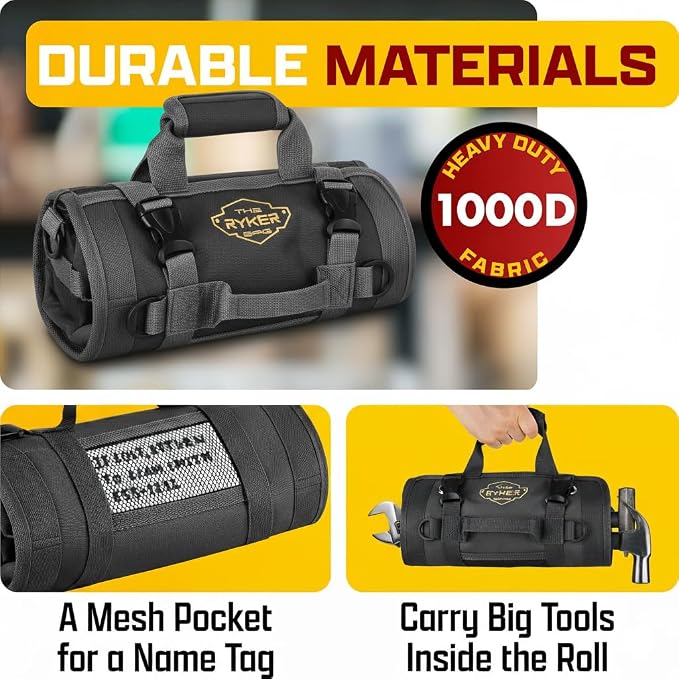 Ryker Original Heavy Duty Roll Up Tool Bag Organizer w/Detachable Pouches | Small Tool Kit Pouch Work Bag for Contractor, Mechanic, Technician, Electrician & HVAC Tools. Portable Camping Rollup Toolbag - Image 5