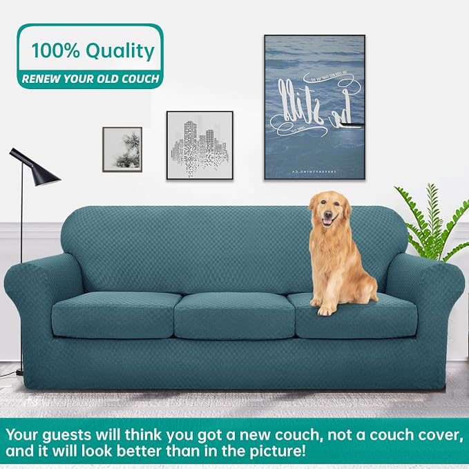 YEMYHOM Latest Checkered 4 Pieces Couch Covers for 3 Cushion Couch Extra Large High Stretch Thickened Sofa Cover for Dogs Anti Slip Furniture Protector Sofa Slipcovers (Teal), 91"-110"(3 Cushions) - Image 2