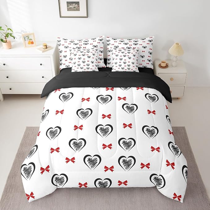 Erosebridal 7 Piece Heart Pattern Queen Bedding Set,Kawaii Red Bowknot Kids Comforter Set for Girls Boys,Valentine Day Love Heart Shaped Bed in a Bag,Geometric Bow Flat Fitted Sheet,Black Red - Image 2