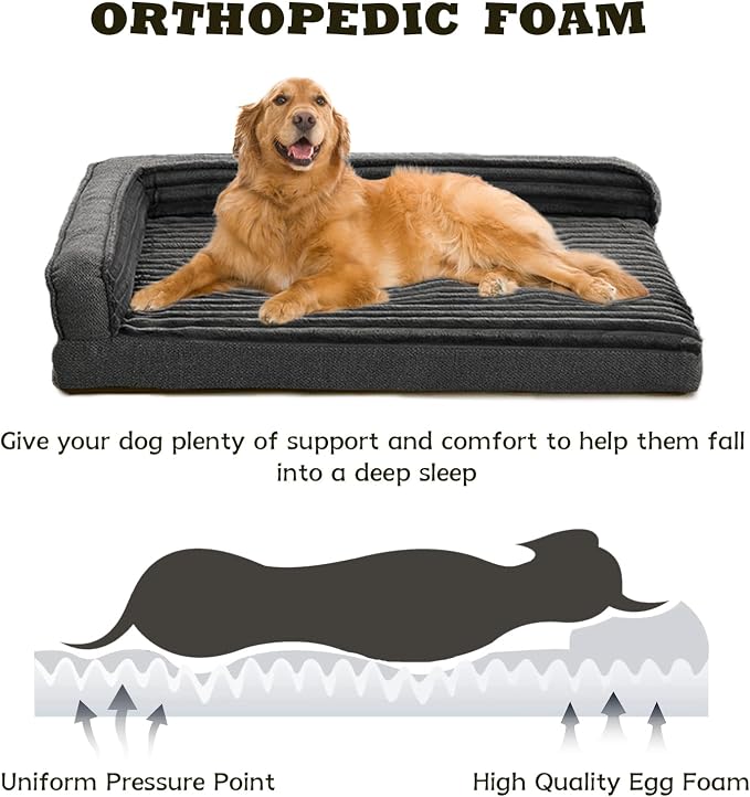 WINDRACING Orthopedic Dog Beds for Large Dogs 40x28 inch, L Shape Waterproof Dog Bed with Bolster Sides, Washable Big Pet Bed with Removable Cover & Non-Slip Bottom, Gray - Image 2