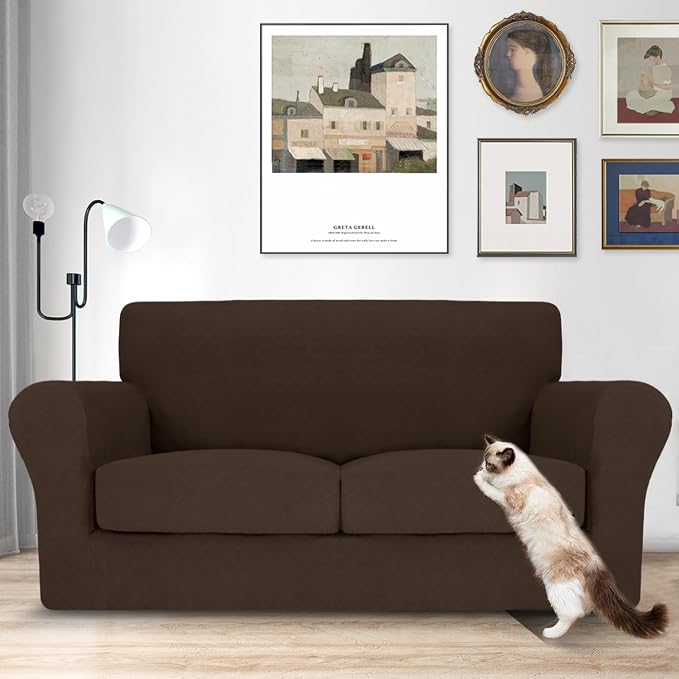 MAXIJIN 3 Piece Couch Covers for 2 Cushion Couch loveseat Cover, Stretch Love Seat Sofa Slipcovers for Dogs Pet, Thick Furniture Protector with 2 Seat Cushion (55"-69", Coffee) - Image 3