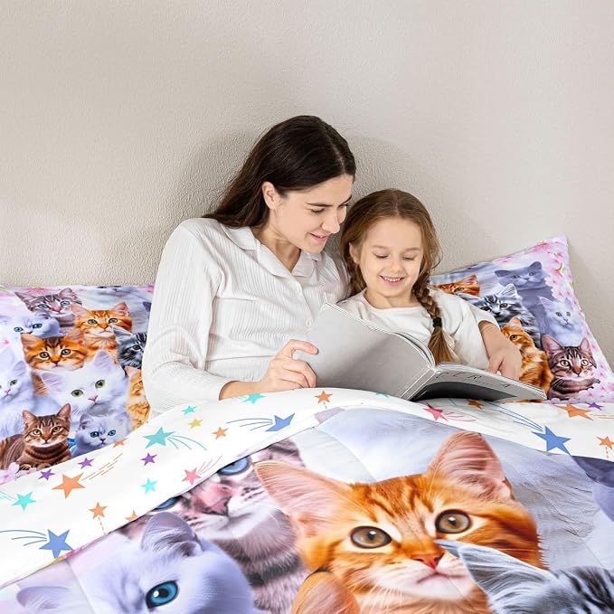 Feelyou Kids Cartoon Toddler Bedding Set Cute Animal Flowers Comforter Set Boys Girls Pink Comforter Cat Decor Quilt Set with 1 Pillowcase 2Pcs Twin Bedding - Image 5