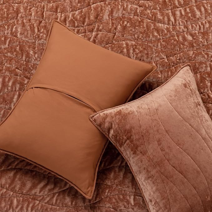 EverGrace Luxury Wave Crushed Velvet Quilt Set, Queen Size, Burnt Orange | Luxurious Soft, Lightweight Velvet Comforter, Cozy Plush Oversized Bedspread Coverlet for All Season, with 2 Shams - Image 6