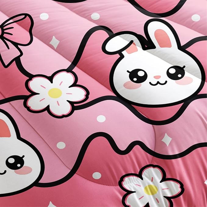 QOOMO Kawaii Rabbit Comforter,Strawberry Rabbit Comforter Set for Kids Teens Girls,3Pcs Bedding Set Printed Comforter with 2 Pillowcases,Down Alternative,Soft and Lightweight(Pink，Twin Size) - Image 5