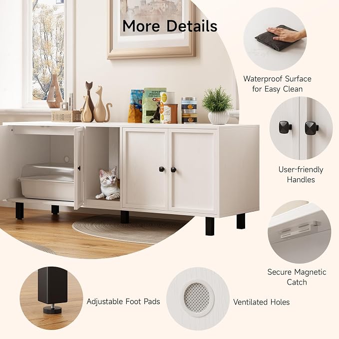 ONBRILL 63 Inches Cat Litter Box Enclosure for 2 Cats, Hidden Litter Boxes Furniture with Cat Scratch Pad, Large Indoor Pet House with Double Room, Wooden TV Stand Side Table, Off White - Image 6