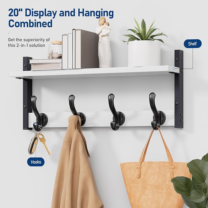 Tatub 20" Rustic Coat Rack Wall Mount with Shelf, Wall Hooks with Shelf, Heavy Duty Entryway Organizer Hangers for Hanging, Hat, Bag, Jacket for Bathroom, Living Room, Bedroom, White - Image 2
