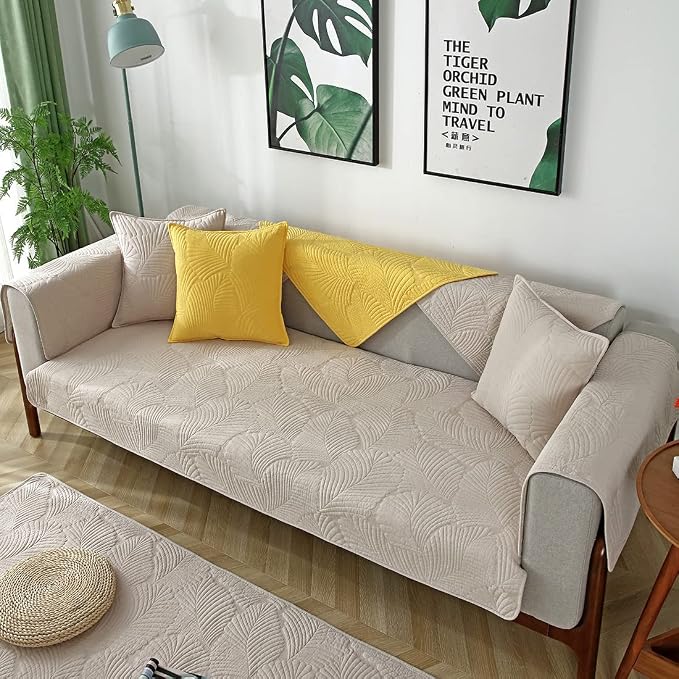 Solid Color Leaf Cotton Quilted Sofa Covers Anti-Slip Soft Sectional Couch Cover Washable Sofa Slipcover for Dogs Cats Pet (Khaki,36''x47'') - Image 3