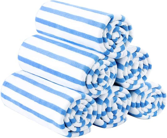 JML Microfiber Beach Towels Set, 6 Pack, 27" x 55", Cabana Stripe Blue | Haning Loop, Soft, Absorbent, Quick Dry, Use for Bathroom, Swimming Pool by JML