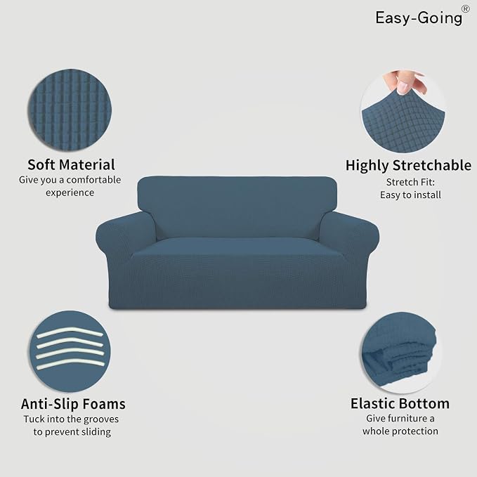 Easy-Going Stretch Oversized Loveseat Couch Covers Washable Bluestone | 1-Piece Large Loveseat Cover for 2 Cushion Couch Furniture Protector RV Sofa Slipcover Soft with Bottom for Kids Pets - Image 3