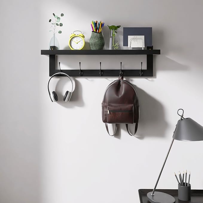 SMIBUY Coat Hooks with Shelf Wall-Mounted, 29.2 Inch Entryway Coat Rack for Wall, Bamboo Hanging Shelf with 5 Double Metal Hooks for Bathroom, Bedroom, Kitchen, Living Room, Mudroom (Black) - Image 7