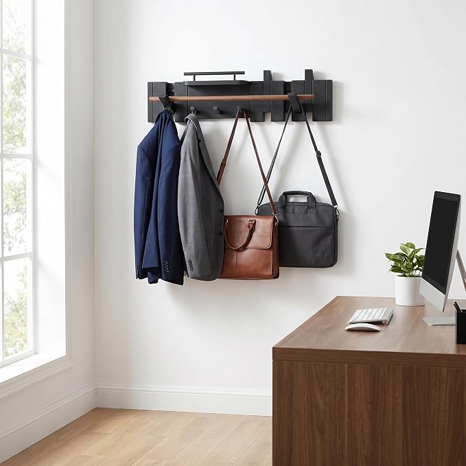 Mid Century Modern Wood Coat Rack Wall Mount with Shelf, 7 Hooks, Black | Wood and metal wall rack with fold-down piano-key hooks and display shelf organizes coats, bags, keys and decor up to 25 lb - Image 7