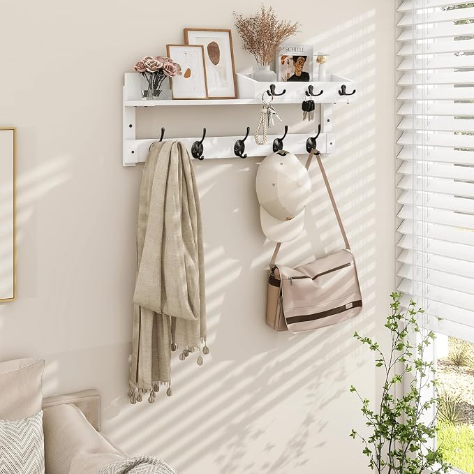 Homode Coat Rack Wall Mount with Hooks and Mail Holder | Entryway Floating Shelf with Key Hooks, Hanging Coat Hanger for Entry, Bathroom, Hallway, Bedroom, White - Image 5