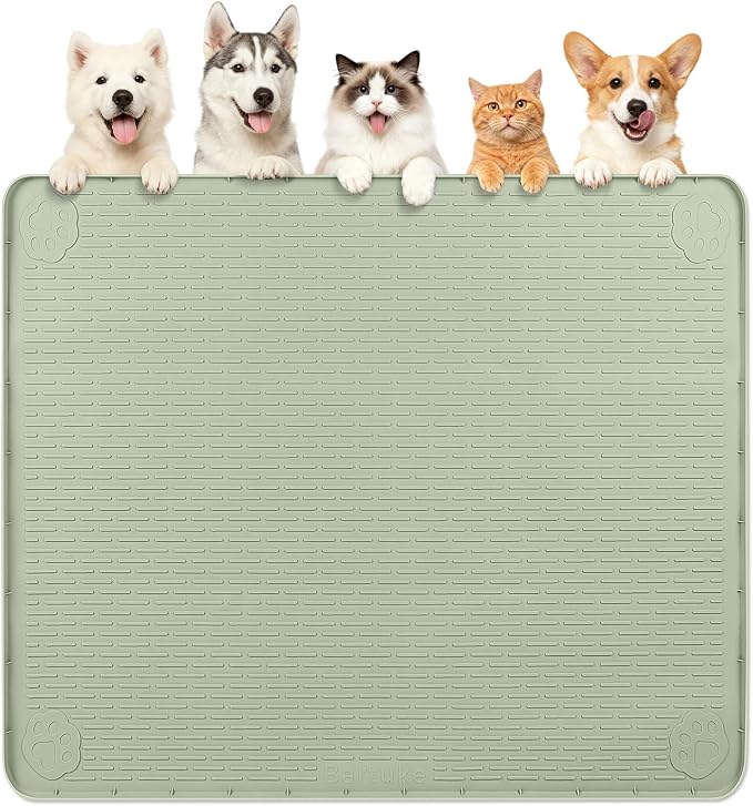 Dog Food Mat 40''x40'' Extra Large Dog Mat for Food and Water,Green | Silicone Dog Bowl Mat with Raised Edge, Waterproof Non-Slip Pet Feeding Mat for Floors, fit for Dog Cat Bowls by Bartuke