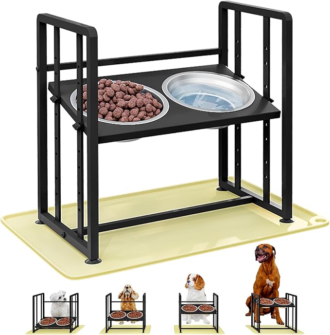 INGIORDAR Dog Bowls Elevated Height Adjustable Raised Dog Bowl Feeding Mat | Metal Pet Food Feeder Dish Station Non-Slip Dog Bowl Stand Stainless Steel Food Water Bowl by INGIORDAR