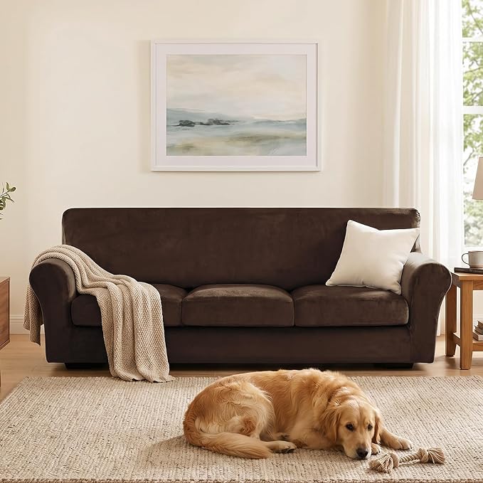 XINEAGE 4-Piece Velvet Oversize Sofa Cover,Couch Covers for Dog,Dark Coffee | 3 Cushion Large Sofa,Stretch Non-slip Elastic, Pet-friendly, Washable, Fast Setup, Soft Plush Fabric, Furniture Protector. - Image 4