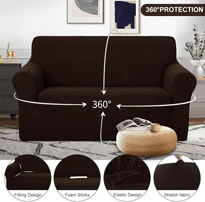 U-NICE HOME Loveseat Cover Stretch Couch Cover Sofa Slipcover, Chocolate | Furniture protector, 2 Cushion Sofa, 1-Piece Sofa cover, Washable, Pet friendly, Polyester Spandex Jacquard fabric - Image 3