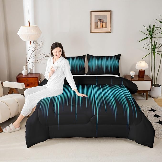Geometric Abstract Kids Comforter Set Twin Size,Blue Gradient Striped Lines Bedding Set,Boys Girls Adults Bedroom Decor,Modern Fashion Down Comforter,Black Simple Duvet Insert,2pcs,1 Pillowcase by Homewish