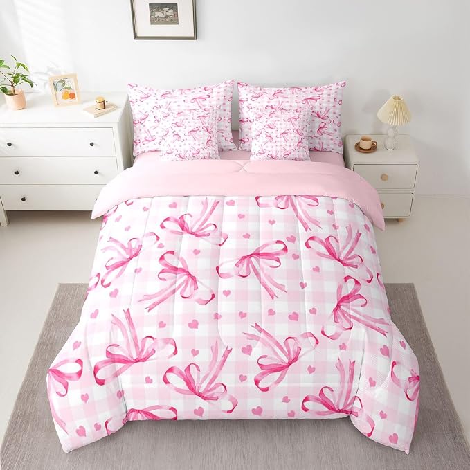 Erosebridal Pink Bow 7 Piece Comforter Set Twin Bowknot Ribbon Bedding Set for Girls Coquette Room Decor Plaid Grid Heart Pattern Bed in A Bag Bowtie Princess Soft Cozy Sheet Set with Comforter - Image 2