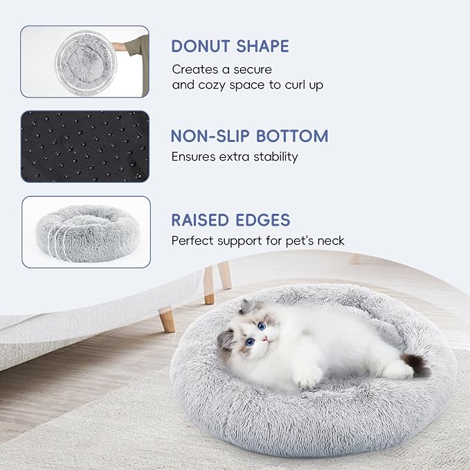 FluffyDream 30 inch Donut Bed - Calming Dog Bed, Plush Washable, Grey - Image 4