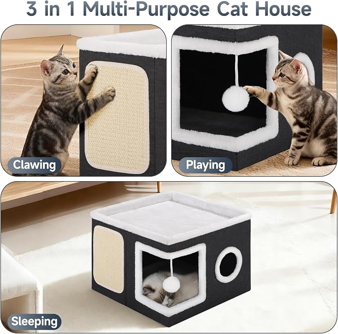 Shikha Cat House Bed for Indoor Cats with Fluffy Ball and Scratch Pad Black | Foldable Large Cat Cave Hideaway with Cozy Condo, Hide and Seek Window, Holds Up to 30LBS, All Season Reversible Cushion - Image 4